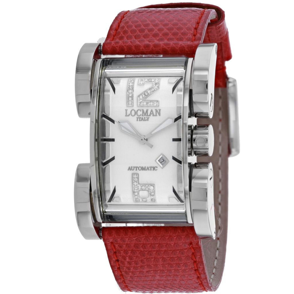 Locman 58mm Automatic Date Diamond Acct Red Leather Strap Watch