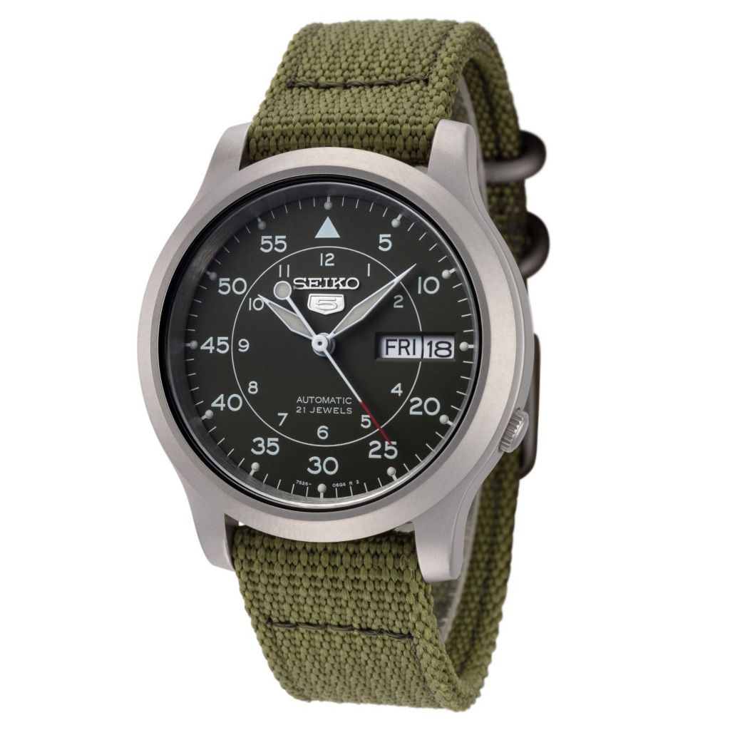 Seiko 37mm Series 5 Military Automatic Day Date Strap Watch ShopHQ