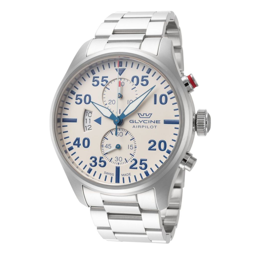 Glycine 44mm Airpilot Swiss Made Quartz Chrono White Dial Watch 