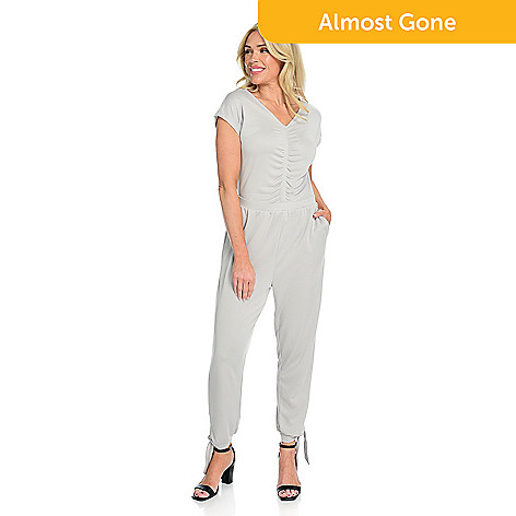 Kate & Mallory® Knit Short Sleeve V-Neck Ruched Front Jumpsuit