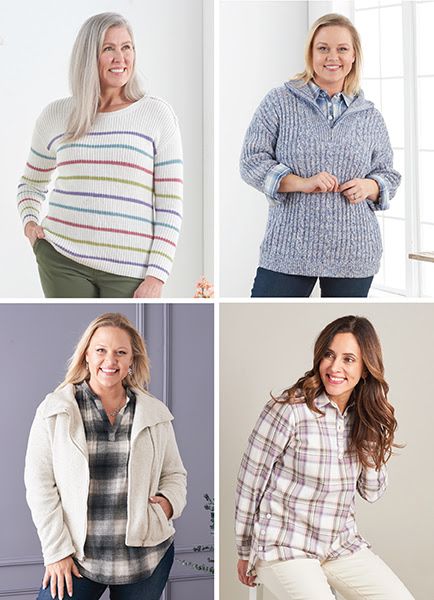 Four autumn styles with stripes, plaid, comfy sweaters, and flattering pants.