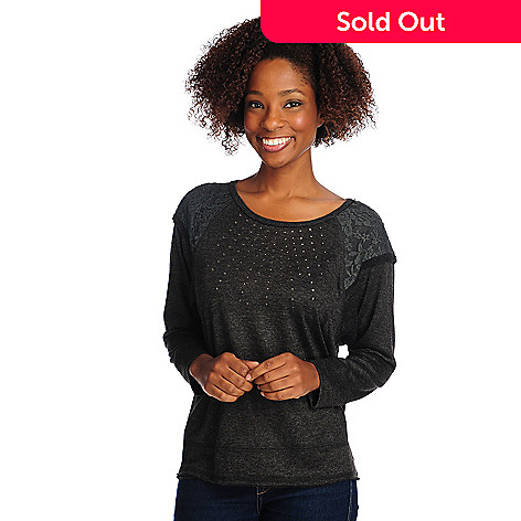 714-670 - One World Sweater Knit Raglan Sleeved Lace Shoulder Hi-Lo Top 714-670- One World Sweater Knit Raglan Sleeved Lace Shoulder Hi-Lo Top