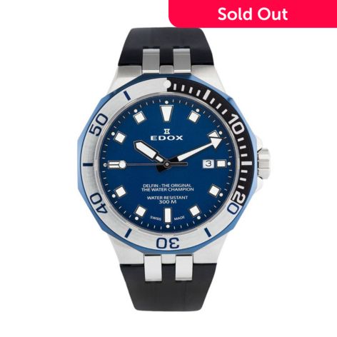 Edox 43mm Delfin Swiss Quartz Date Blue Dial Rubber Strap Watch