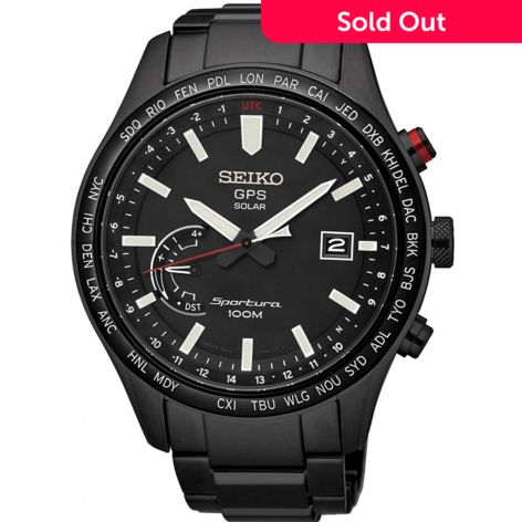 Seiko 45mm Sportura Quartz Date Black Steel Bracelet Watch 